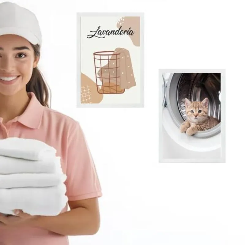 Kit 2 Quadros Para Lavanderia - Gatinho 45X34Cm - Com Vidro