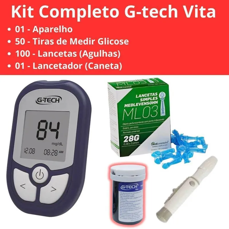 Kit Completo G-tech Vita Caneta-lancetas-aparelho-tiras