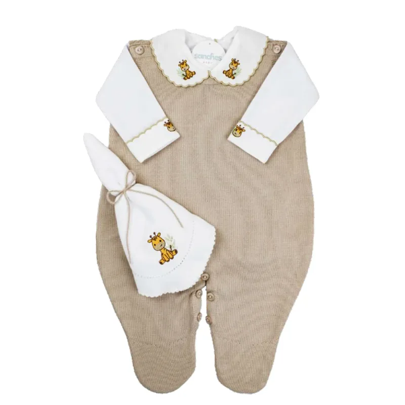KIT CONJUNTO BEBÊ MACACÃO BEGE COM BODY BRANCO E LENCINHO SANCHES