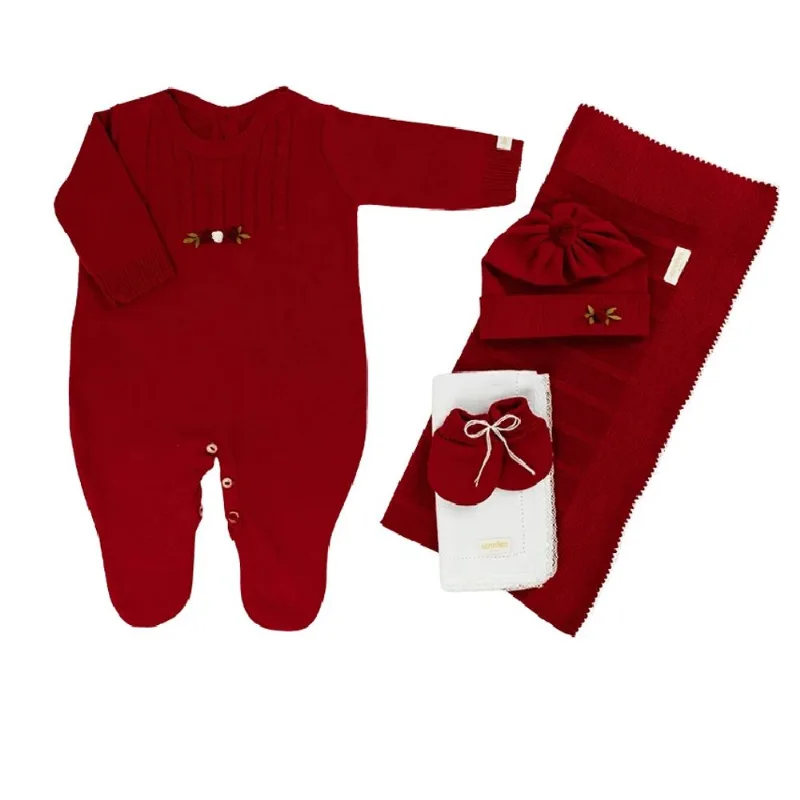 Saída Maternidade Em Tricô Completa 5 Peças Macacão + Manta + Touca + Luvinha + Pano De Boca Vermelho – Sanches Baby