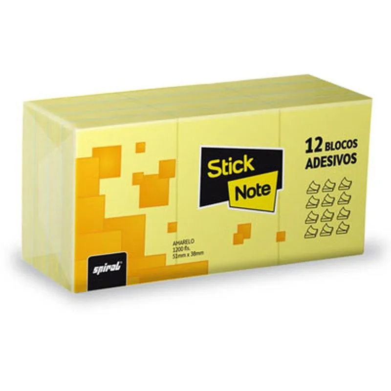 Bloco adesivo 38mm x 51mm amarelo - 12 unidades de 100 folhas cada (total 1.200 folhas) - Stick Note