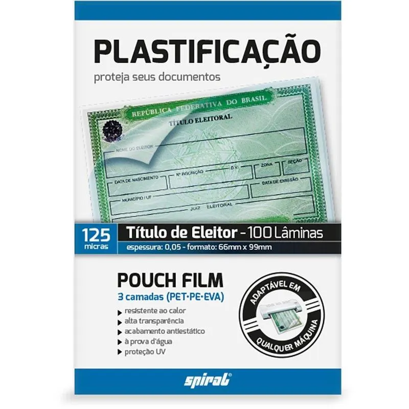 Plástico para plastificação 66x99x0,05 Título de Eleitor Spiral pt 100 un