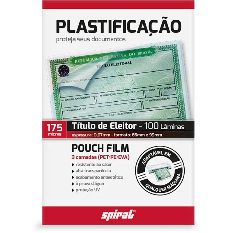 Plástico para plastificação 175 micras 66mm x 99mm x 0,07mm Titulo de eleitor Spiral - PT 100 UN