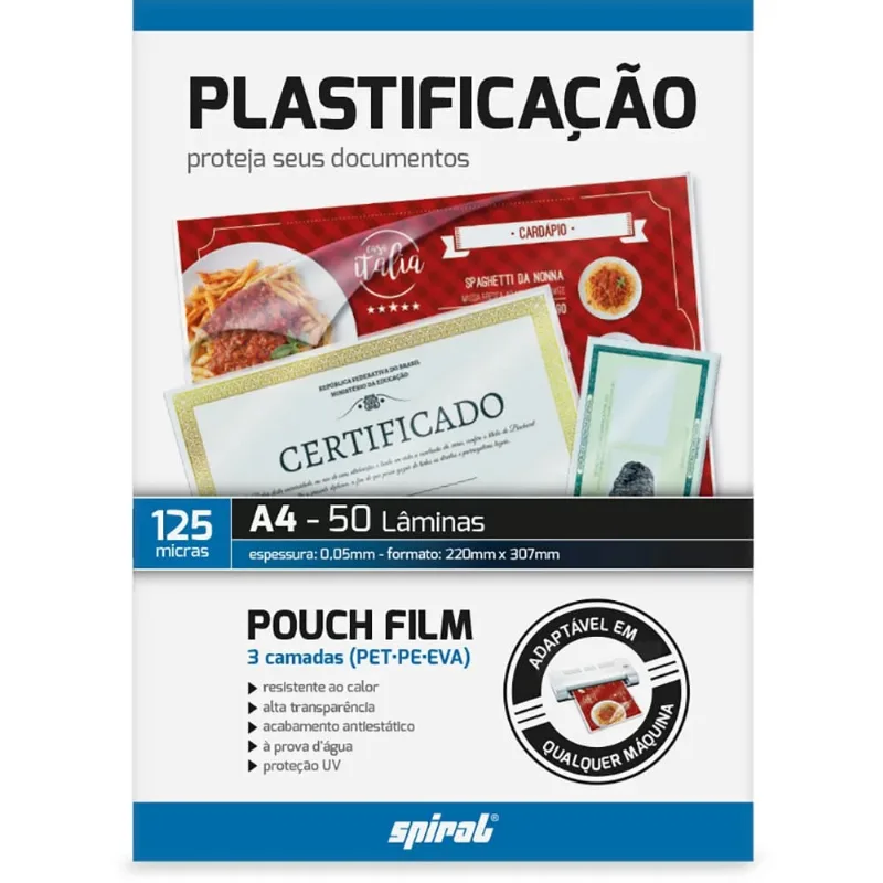 Plástico Para Plastificação 125 Micras A4 02427 Spiral - 50 Un