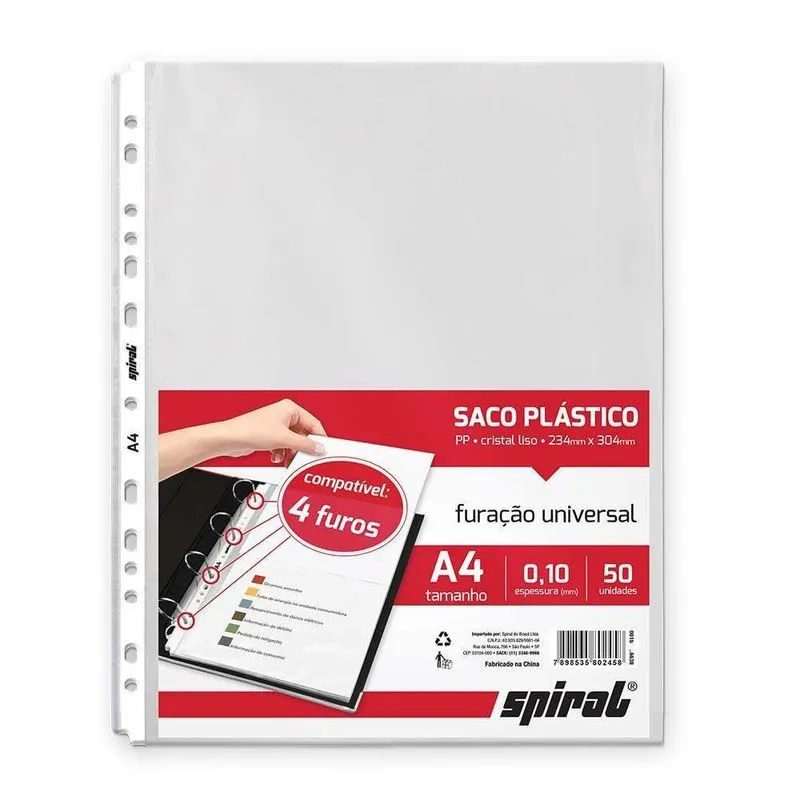 Saco plástico PP A4 furação universal 0,10mm 410-50 Spiral PT 50 UN