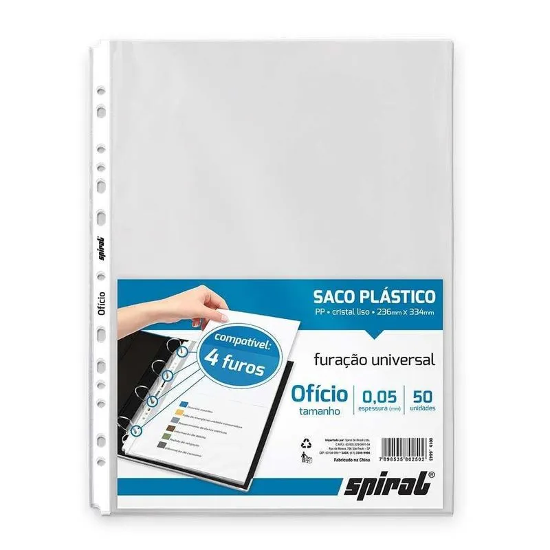 Saco plástico pp ofício furação universal 0,05mm F05-50 Spiral pt 50 un