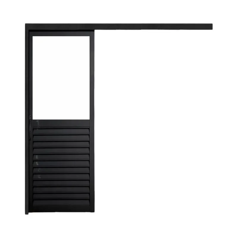 Porta De Correr Veneziana De Aluminio 215x80cm Com Vidro Mini Boreal Preto