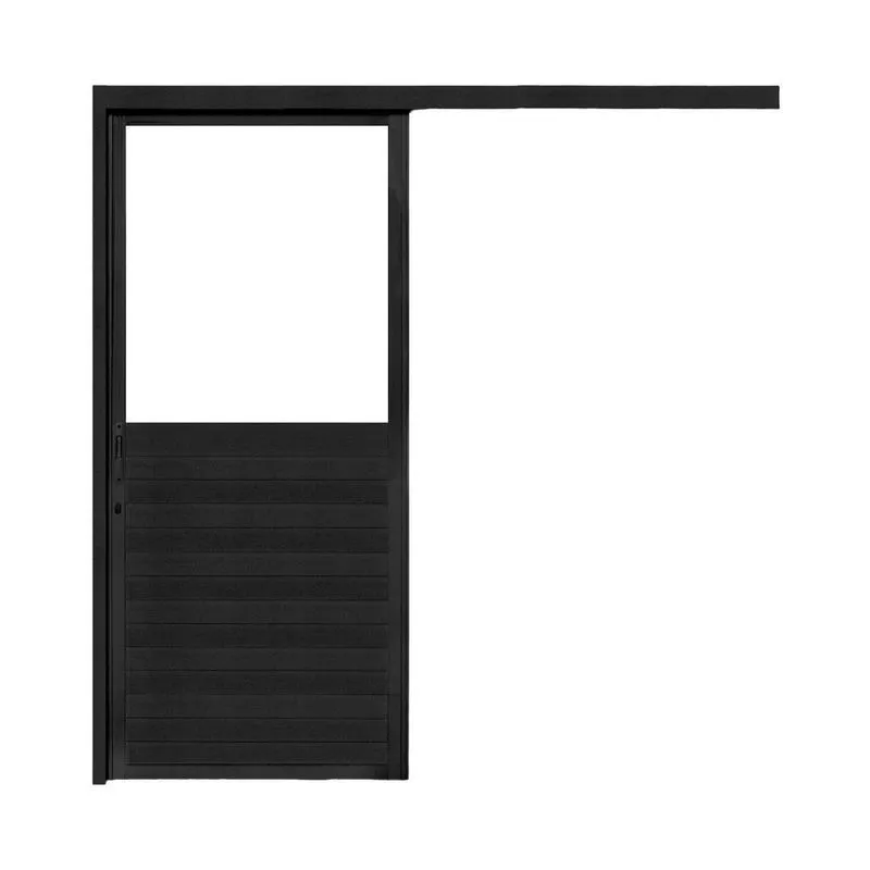 Porta De Correr Veneziana De Aluminio 215x100cm Com Vidro Mini Boreal Preto Crv Preto