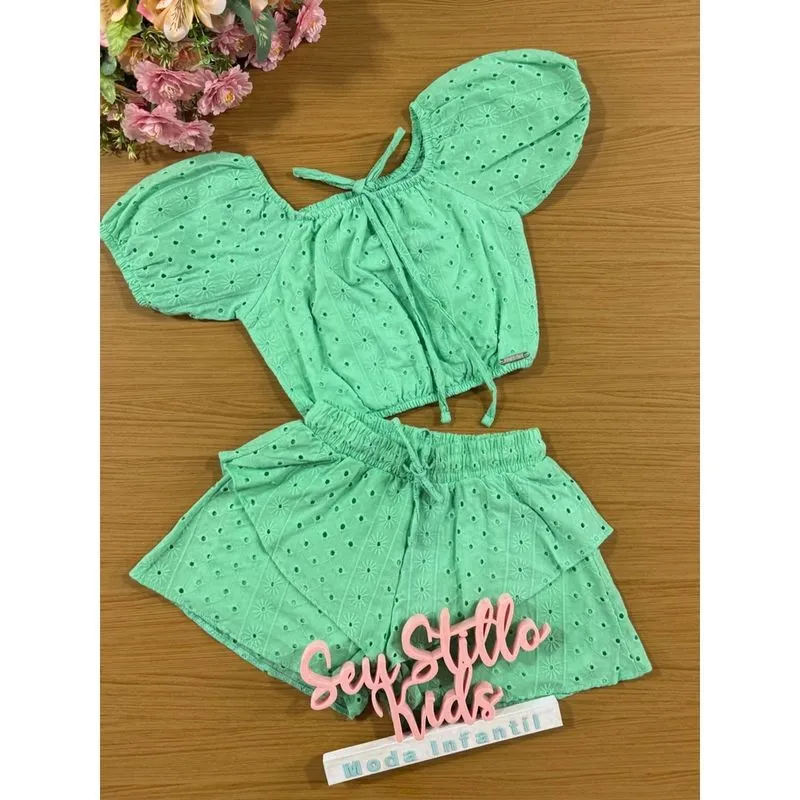 Conjunto Infantil Catavento Verão Shorts e Blusa Verde Laise