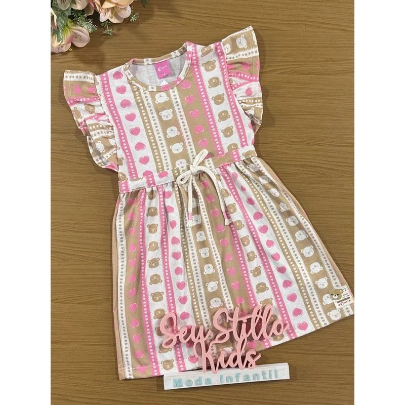 Vestido Infantil Cinti Verão Coração e Ursinho