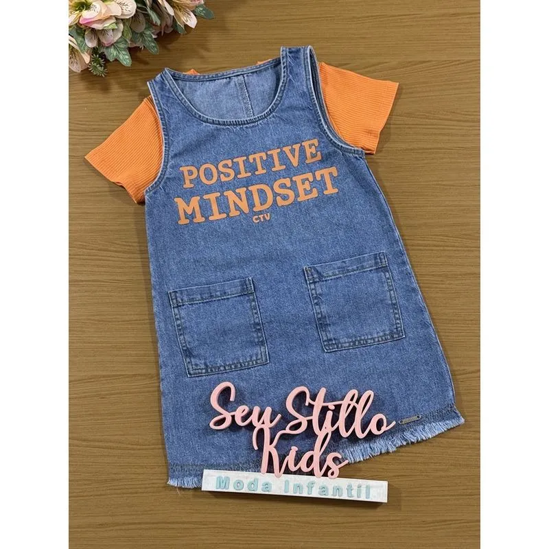 Conjunto Infantil Catavento Verão Blusa Canelado Laranja e Vestido Jeans