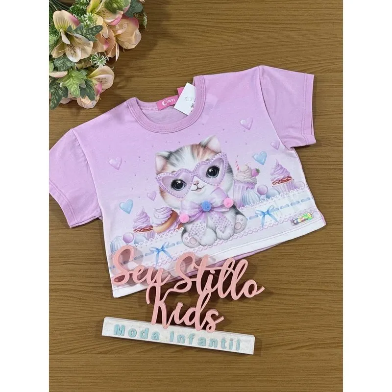 Blusa Infantil Cinti Verão Lilás Gatinha