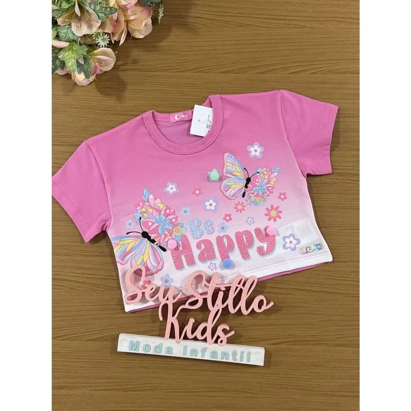 Blusa Infantil Cinti Verão Rosa Borboleta Happy