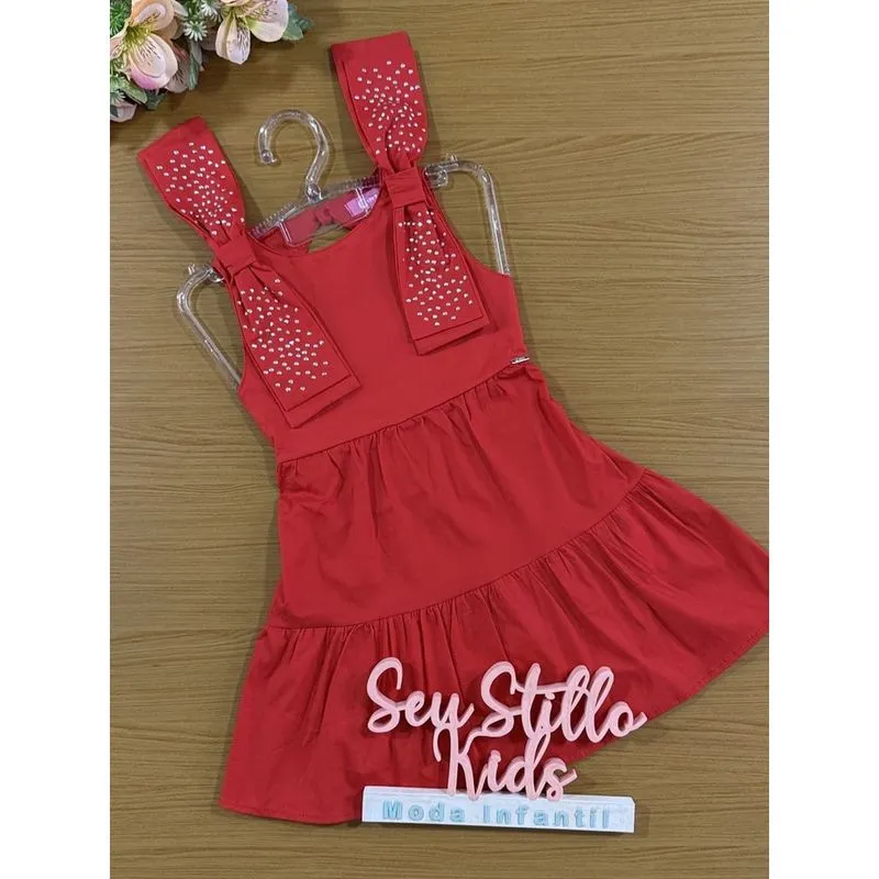 Vestido Infantil Cinti Verão Vermelho com Laços Strass Natal