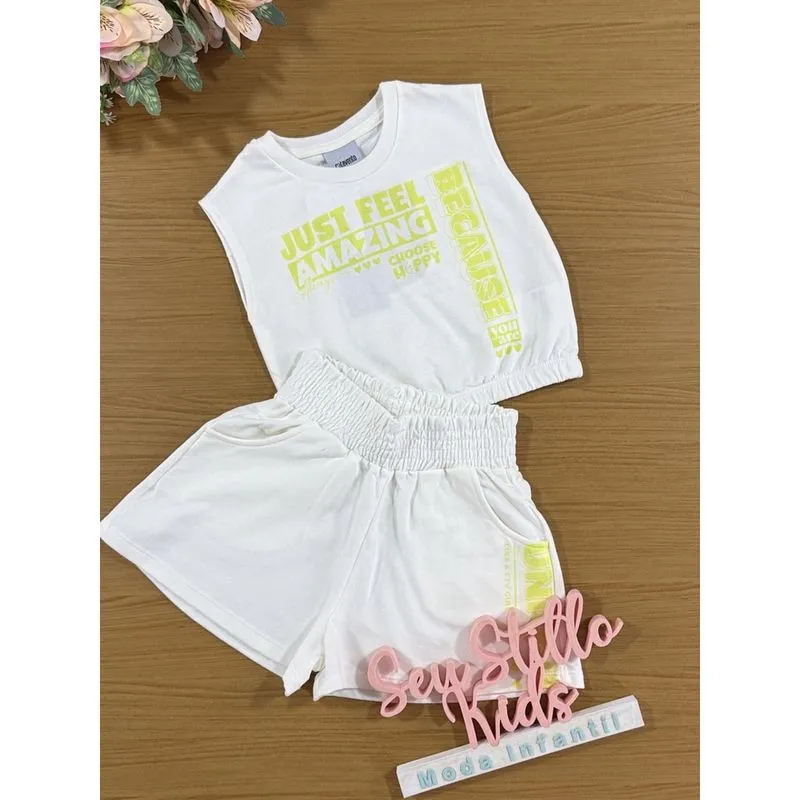 Conjunto Infantil Catavento Verão Shorts Off White e Blusa Just Feel