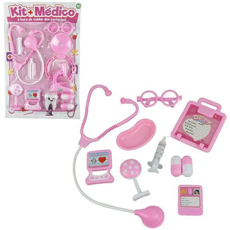 Kit Medico Infantil Rosa Com Estetoscópio 11 Peças -Ark Toys