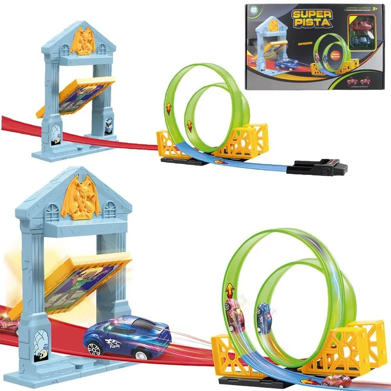Carro com lancador + super pista 2 looping com luz e obstaculo portal final