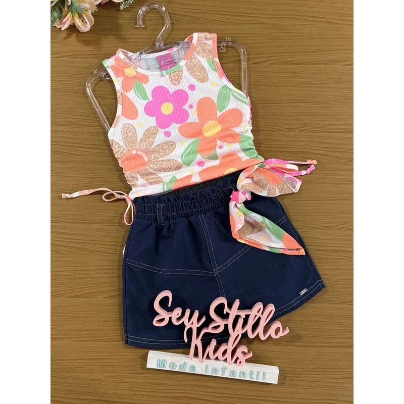 Conjunto Infantil Cinti Verão Shorts Saia e Regata Flor