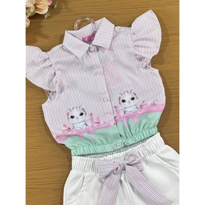 Conjunto Infantil Cinti Verão Shorts e Camisete Gatinha