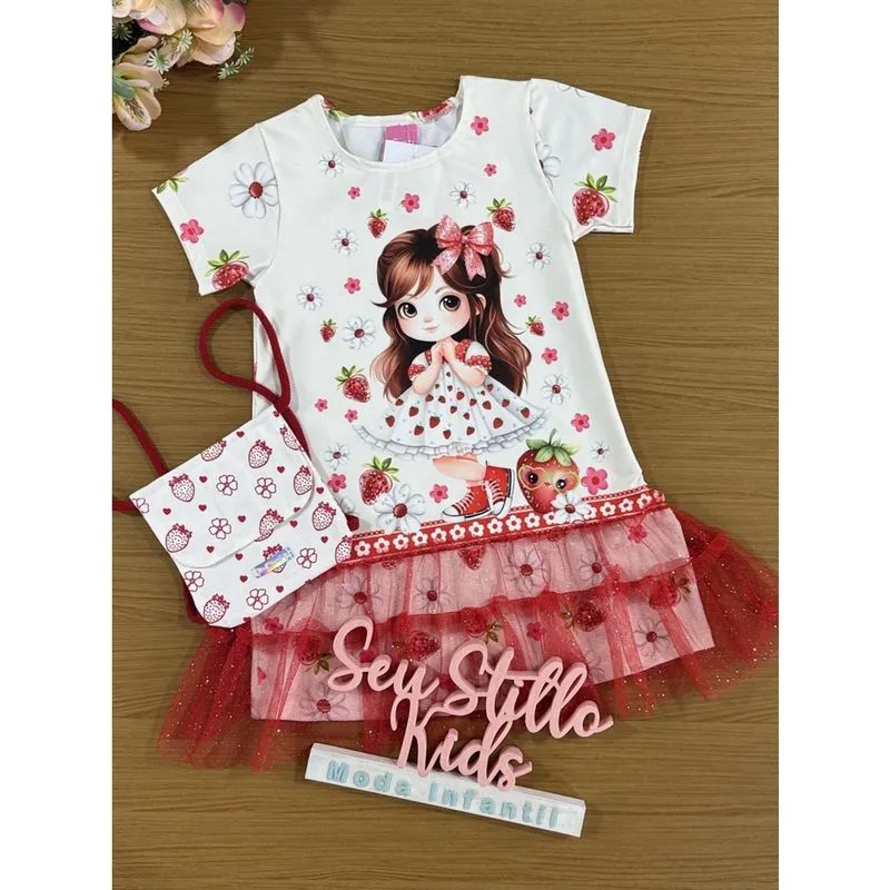 Vestido Infantil Cinti Verão Moranguinho Vermelho Com Bolsinha