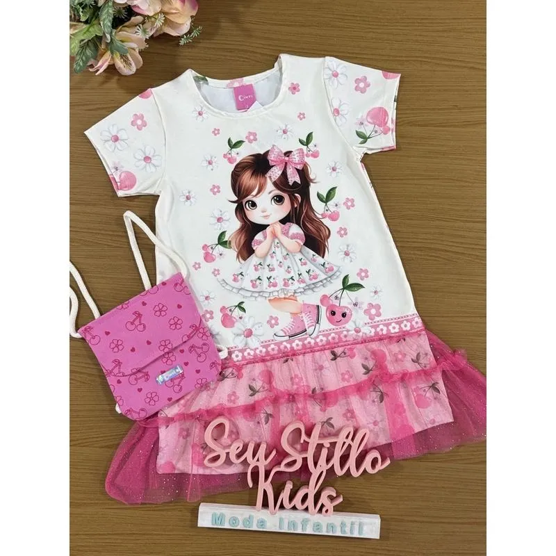 Vestido Infantil Cinti Verão Cerejinha Rosa Com Bolsinha