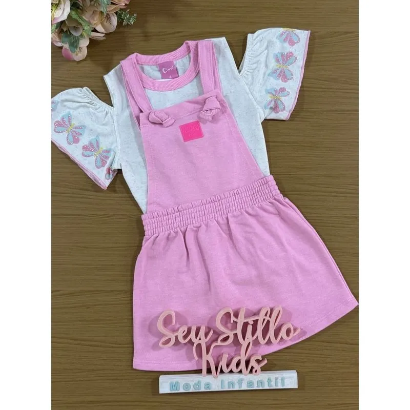 Salopete Infantil Cinti Verão Rosa Com Blusa Off White Borboletas