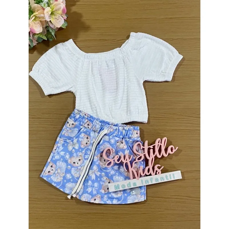 Conjunto Infantil Cinti Verão Shorts Saia Ursinha Blusa Branca