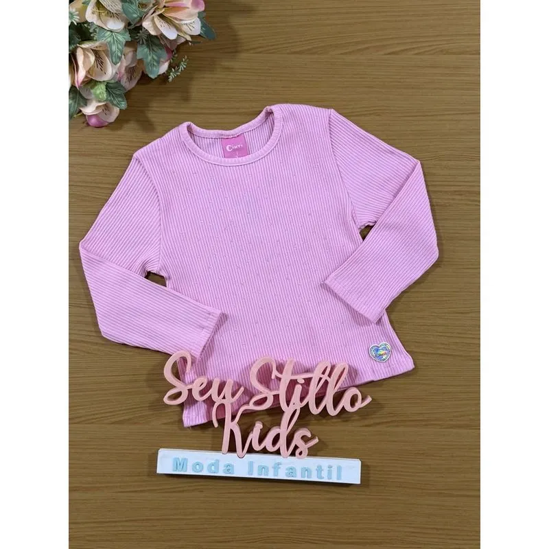 Blusa Infantil Cinti Inverno Manga Longa Canelada Rosa Strass
