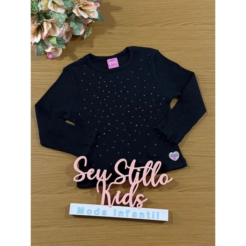 Blusa Infantil Cinti Inverno Manga longa Canelada Preta Strass