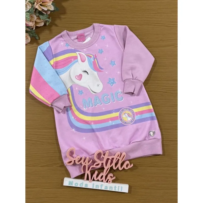 Vestido Infantil Cinti Inverno Flanelado Lilás Unicórnio