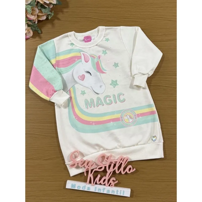 Vestido Infantil Cinti Inverno Flanelado Off White Unicórnio