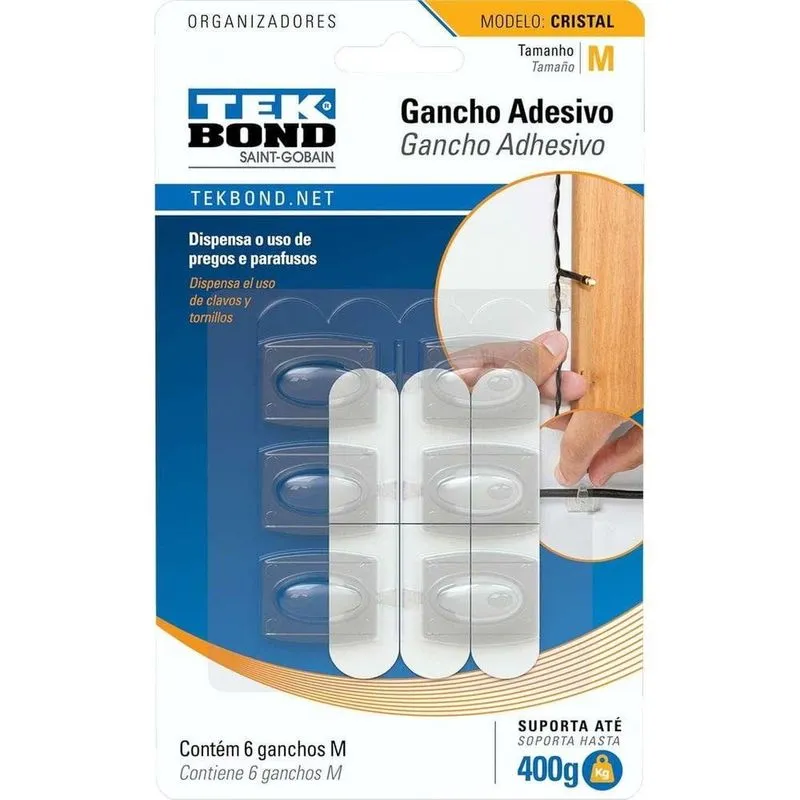 Gancho Adesivo Cristal Para Fios E Cabos M 2,2x2,8cm C/6. Capacidade 500g Tekbond