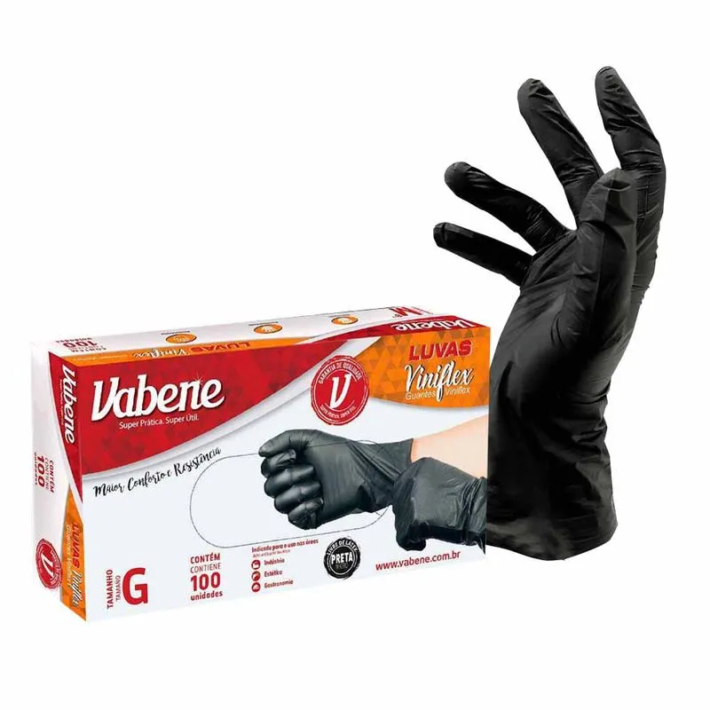 Luva Viniflex sem pó G Preta 1536 Vabene - 100UN