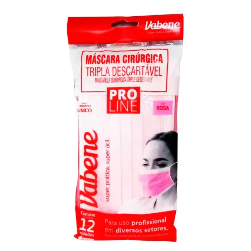 Máscara Descartável Cirúrgica Rosa Vabene Com Elástico Com 12 Unidades