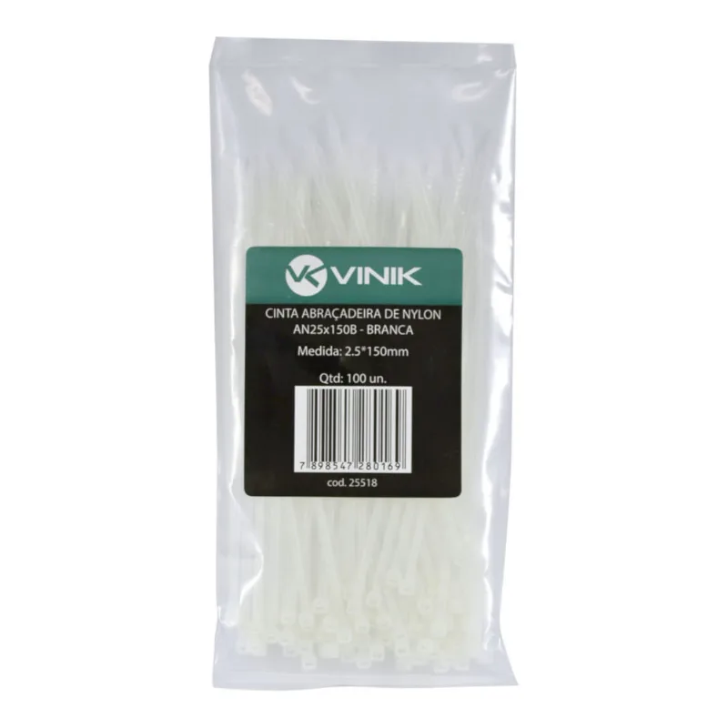 Abraçadeira - Nylon - 150x2,5mm - Vinik - c/ 100 unidades - Branca - AN25X150B- 25518