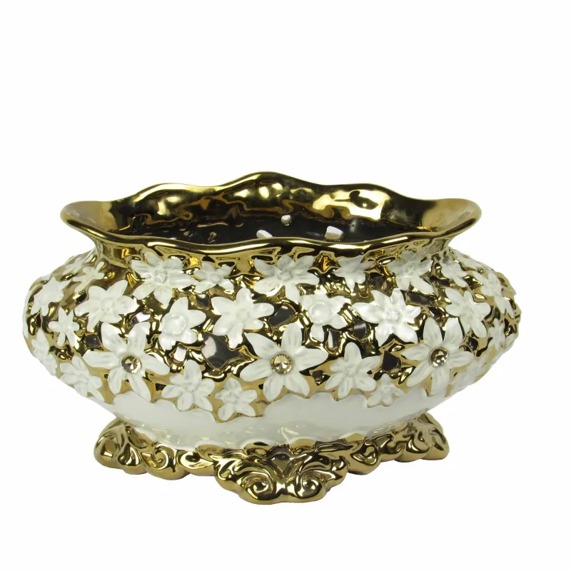 Centro de Mesa em Porcelana Branca e Dourada - 15x30x18cm