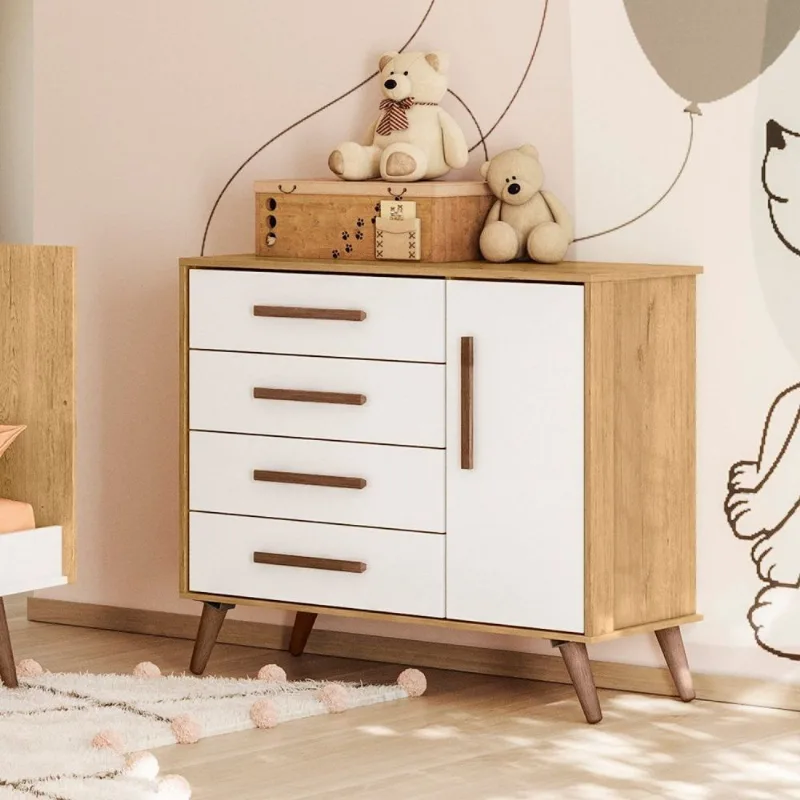 Cômoda Sapateira 1 Porta com 4 Gavetas Q Encanto Retrô Marrom/Freijo Toq/Branco Acetinado Freijo Toq/Branco Acetinado