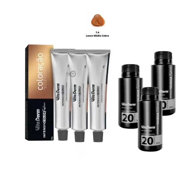 3 Colorações Vita Derm 7.4 + 3 Ox Vita Derm 20 Vol 90ml