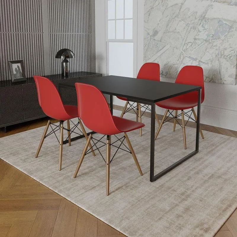 Mesa Industrial Base De Ferro Preto 137x90 Tampo Preto 4 Cadeiras Eiffel Madeira Assento Vermelho