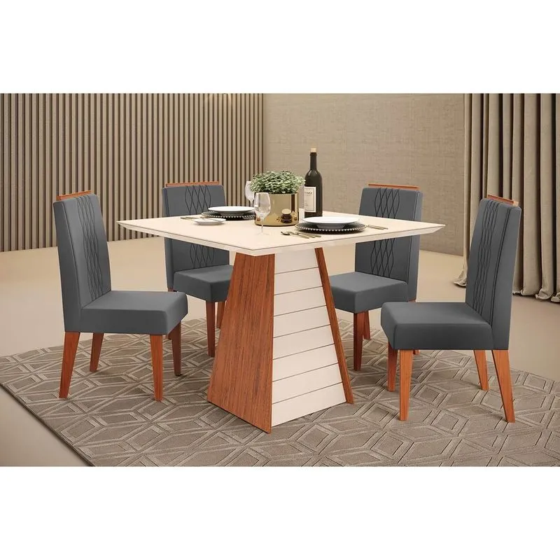 Conjunto: Mesa Sala Jantar Fler c/ Tampo Madeirado c/ Vidro 90x90cm e 4 Cadeiras Lia Freijo/Off White - Suede Lunar - DJ Móveis
