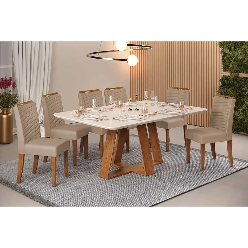 Conjunto: Mesa Sala Jantar Celeste c/ Tampo Madeirado c/ Vidro Retangular 160x90cm e 6 Cadeiras Julia Freijo/Off White - Suede Kraft - DJ Móveis