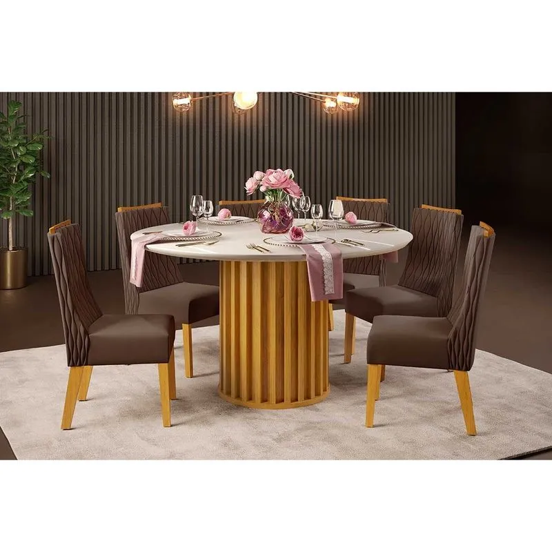 Conjunto: Mesa Sala Jantar Viena c/ Tampo Madeirado c/ Vidro 136x136cm e 6 Cadeiras Jade Cedro/Off White - Suede Moca - DJ Móveis