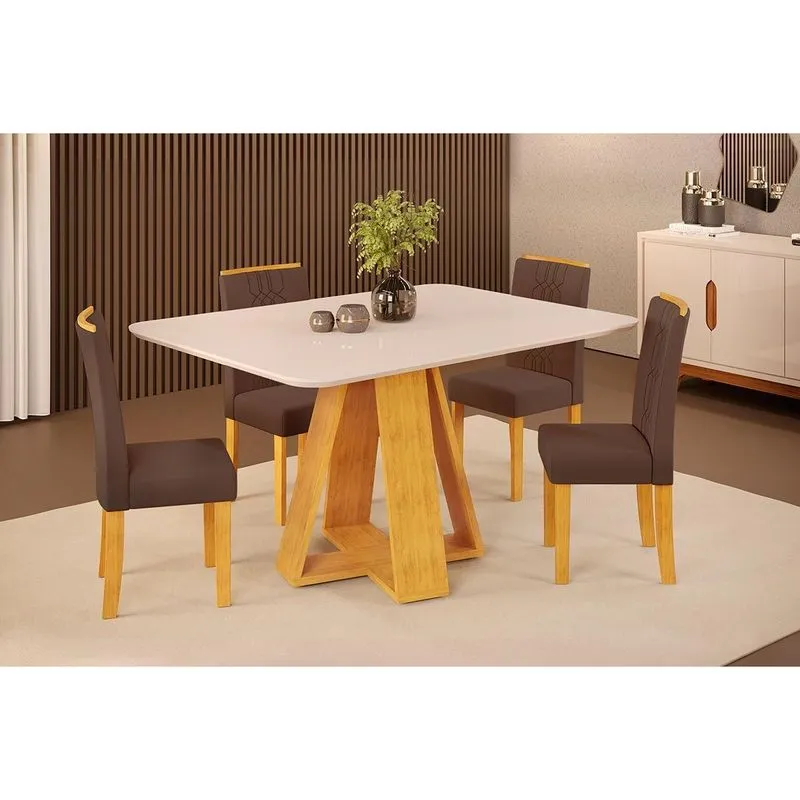 Conjunto: Mesa de Cozinha Celeste c/ Tampo Madeirado c/ Vidro Curvo 120x90cm e 4 Cadeiras Zoe Cedro/Off White - Suede Moca - DJ Móveis