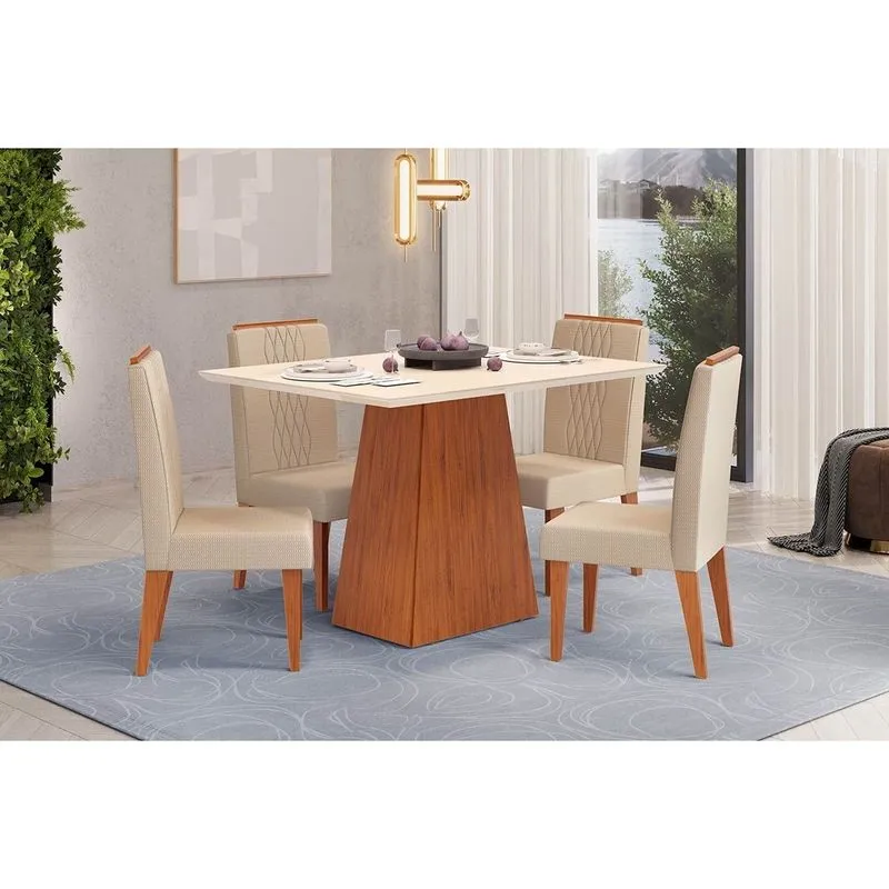 Conjunto: Mesa de Cozinha Dulce c/ Tampo Madeirado c/ Vidro Reto 120x90cm e 4 Cadeiras Lia Freijo/Off White - Linho Neve - DJ Móveis