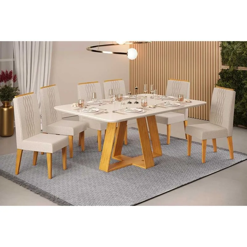 Conjunto: Mesa de Cozinha Celeste c/ Tampo Madeirado c/ Vidro Retangular 160x90cm e 6 Cadeiras Lia Cedro/Off White - Linho Neve - DJ Móveis