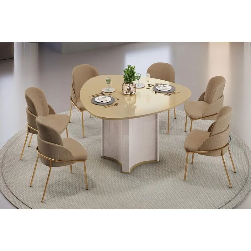 Conjunto: Mesa Sala Jantar Chanel C/ Tampo Madeirado C/ Vidro Orgânico 136x136cm E 6 Cadeiras Vitta Off White/dourado - Linho Bege - Dj Móveis