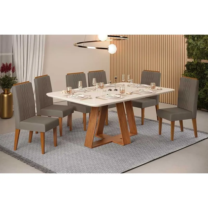 Conjunto: Mesa de Cozinha Celeste c/ Tampo Madeirado c/ Vidro Curvo 160x90cm e 6 Cadeiras Lia Freijo/Off White - Suede Lunar - DJ Móveis