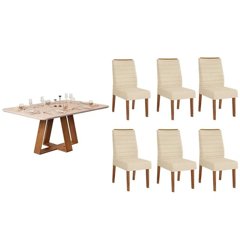 Conjunto: Mesa de Cozinha Celeste c/ Tampo Madeirado c/ Vidro Curvo 160x90cm e 6 Cadeiras Ondina Freijo/Off White - Linho Neve - DJ Móveis