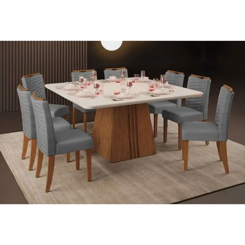 Conjunto: Mesa Sala Jantar Itália Tampo Madeirado c/ Vidro Curvo 136x136cm e 8 Cadeiras Julia Freijo/Off White - Suede Lunar - DJ Móveis