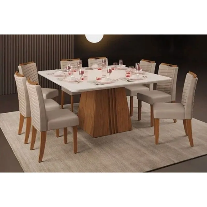 Conjunto: Mesa Sala Jantar Itália Tampo Madeirado c/ Vidro Curvo 136x136cm e 8 Cadeiras Julia Freijo/Off White - Suede Kraft - DJ Móveis